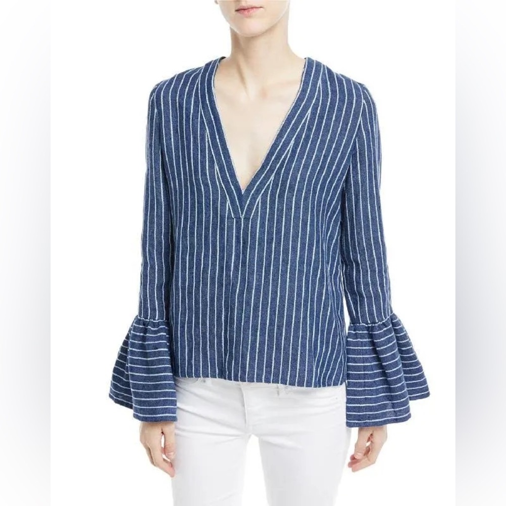 Alexis Pearce Bell Sleeve V-Neck Linen Stripe Blouse